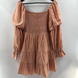 Peach Smocked Puff Sleeve A-Line Dress Convertible Neckline Size Large